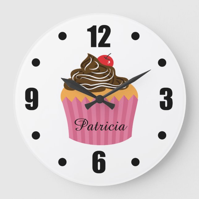 Cute Pink Cupcake Personalized Name Large Clock (Front)