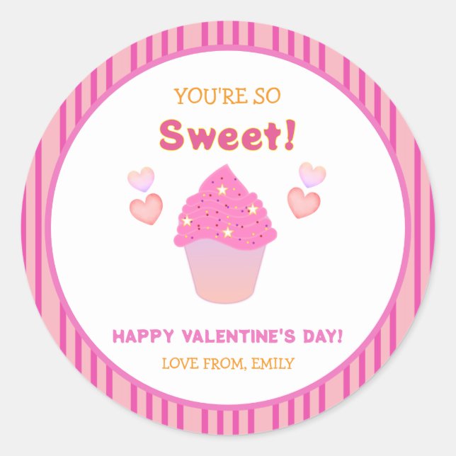 Cute Pink Cupcake Sweet Hearts Valentine's Day Classic Round Sticker (Front)