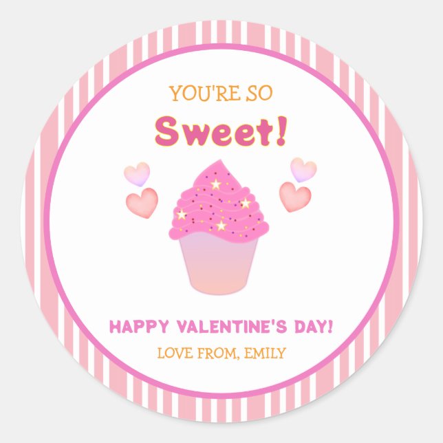 Cute Pink Cupcake Sweet Hearts Valentine's Day Classic Round Sticker (Front)
