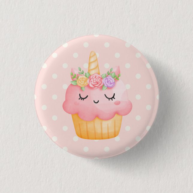 Cute Pink Cupcake Unicorn with Roses 1 Inch Round Button (Front)