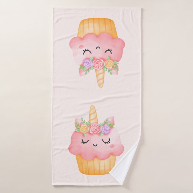Cute Pink Cupcake Unicorn with Roses Bath Towel Set (Bath Towel)