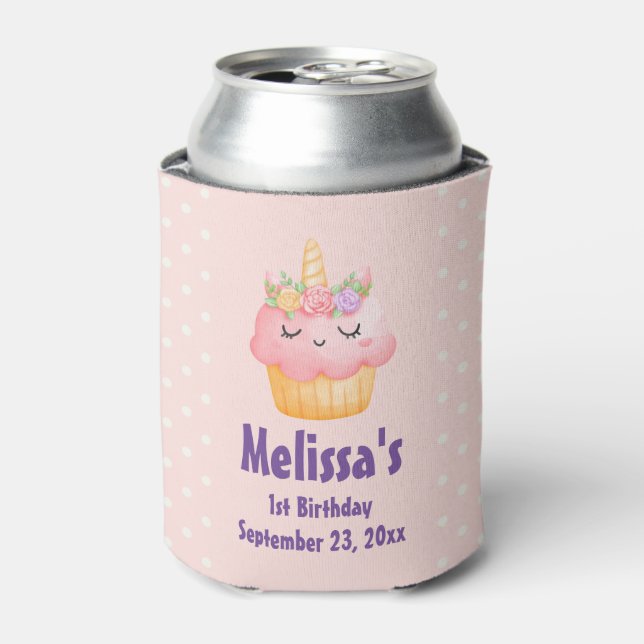 Cute Pink Cupcake Unicorn with Roses Birthday Can Cooler (Can Front)