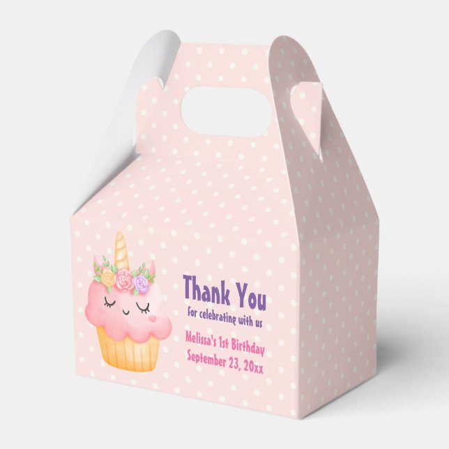 Cute Pink Cupcake Unicorn with Roses Birthday Favor Box (Front Side)