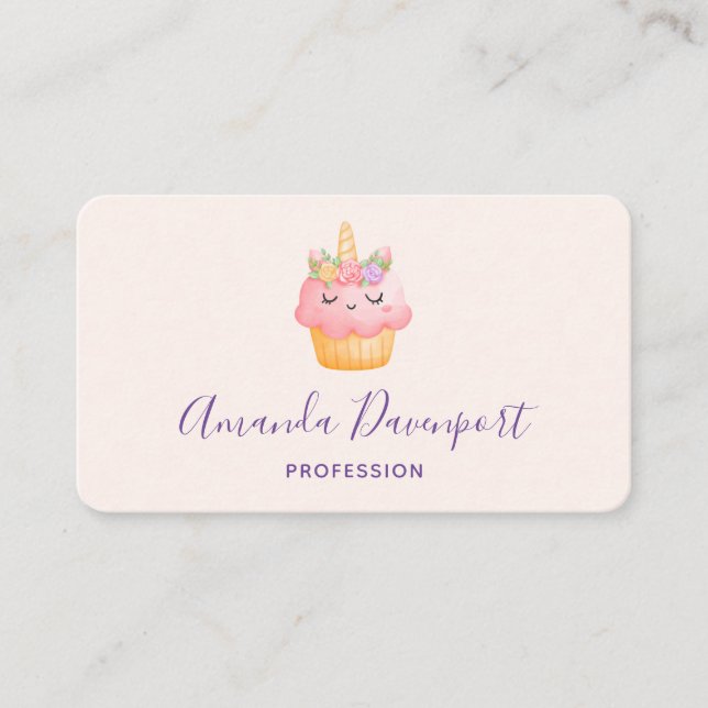 Cute Pink Cupcake Unicorn with Roses Business Card (Front)