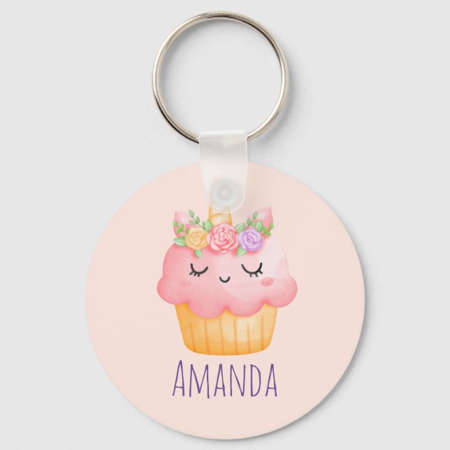 Cute Pink Cupcake Unicorn with Roses Keychain (Front)