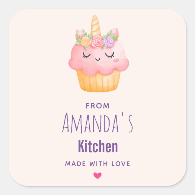 Cute Pink Cupcake Unicorn with Roses Kitchen Square Sticker (Front)