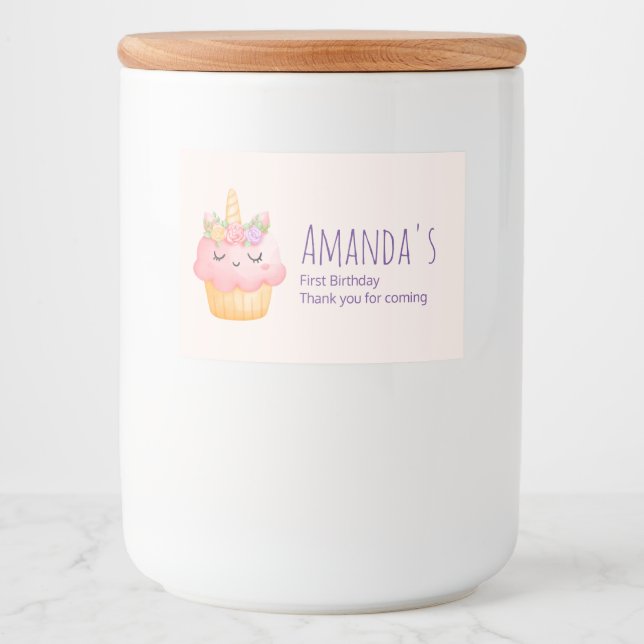 Cute Pink Cupcake Unicorn with Roses Party Food Label (Front)