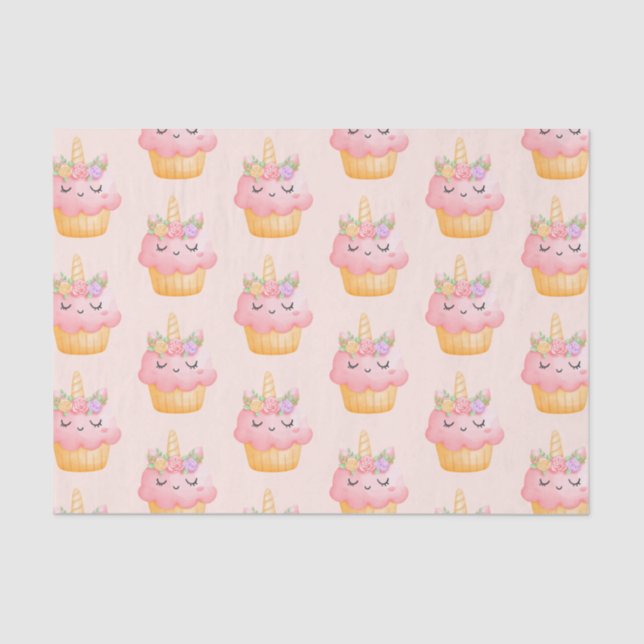 Cute Pink Cupcake Unicorn with Roses Pattern Tissue Paper (Front)