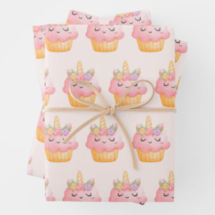 Cute Pink Cupcake Unicorn with Roses Pattern Wrapping Paper Sheet