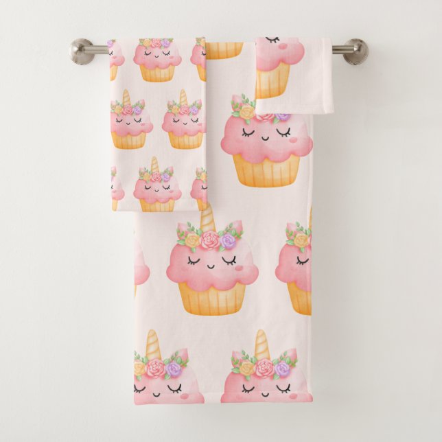 Cute Pink Cupcake Unicorn with Roses Patterned Bath Towel Set (Insitu)