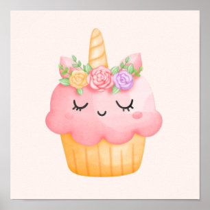 Cute Pink Cupcake Unicorn with Roses Poster