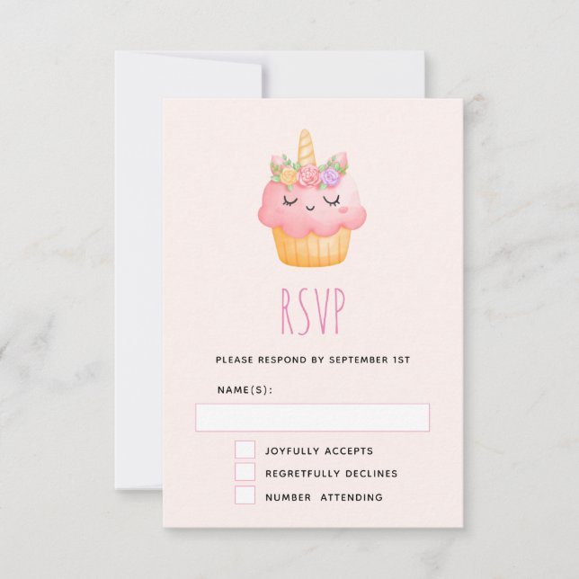 Cute Pink Cupcake Unicorn with Roses RSVP Card (Front)