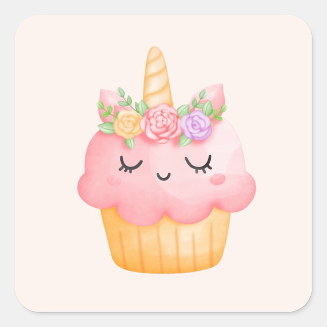 Cute Pink Cupcake Unicorn with Roses Square Sticker (Front)