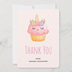 Cute Pink Cupcake Unicorn with Roses Thank You Card
