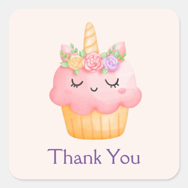 Cute Pink Cupcake Unicorn with Roses Thank You Square Sticker (Front)