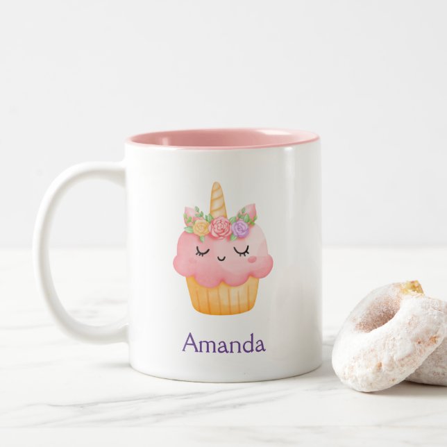 Cute Pink Cupcake Unicorn with Roses Two-Tone Coffee Mug (With Donut)
