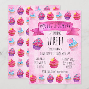 Cute Pink Cupcake Watercolor Girl's Birthday Invitation