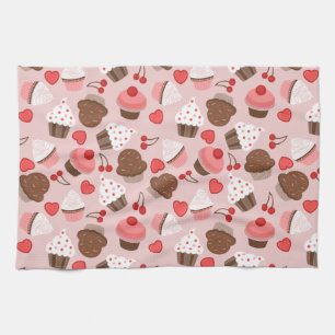 Cute Pink Cupcakes, Hearts And Cherries Pattern Kitchen Towel