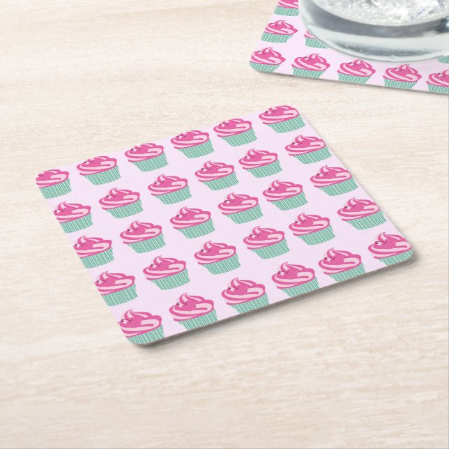 Cute Pink Cupcakes Pattern Pastel Pink Square Paper Coaster (Angled)
