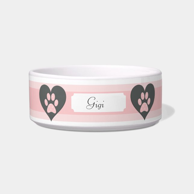 Cute Pink Custom Dog Bowl w/Polka Dotted Paws (Front)