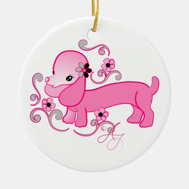 Cute Pink Dachshund Ceramic Ornament (Front)