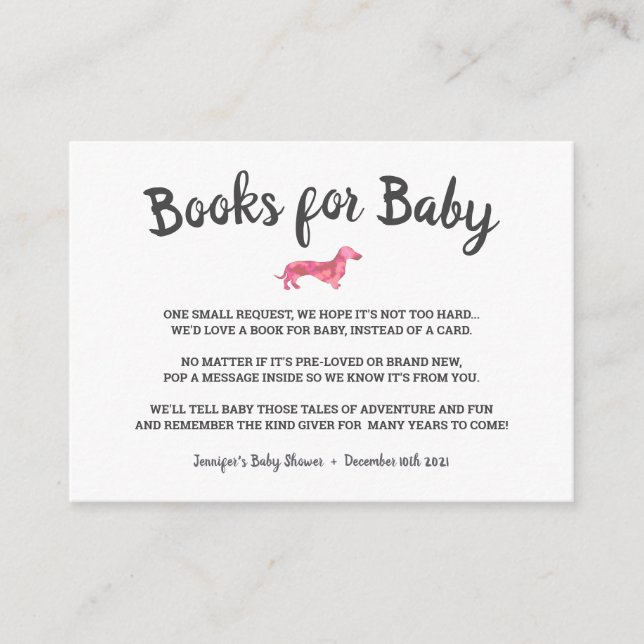 Cute Pink Dachshund Dog Bring A Book Baby Shower Enclosure Card (Front)
