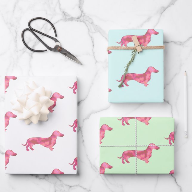Cute Pink Dachshund Dog Pattern  Wrapping Paper Sheet (Front)
