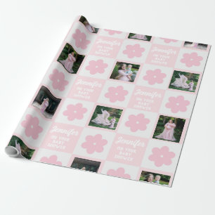 Cute Pink Daisy Chequerboard Photo Baby Shower  Wrapping Paper