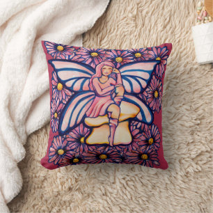 Cute Pink Daisy Fairy Mushroom Art Fairies         Throw Pillow