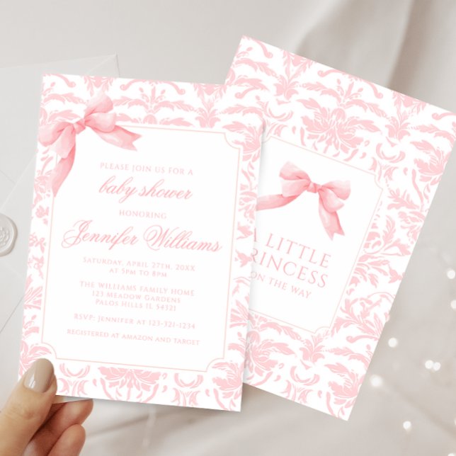 Cute pink damask bow ribbon baby shower invitation (Creator Uploaded)