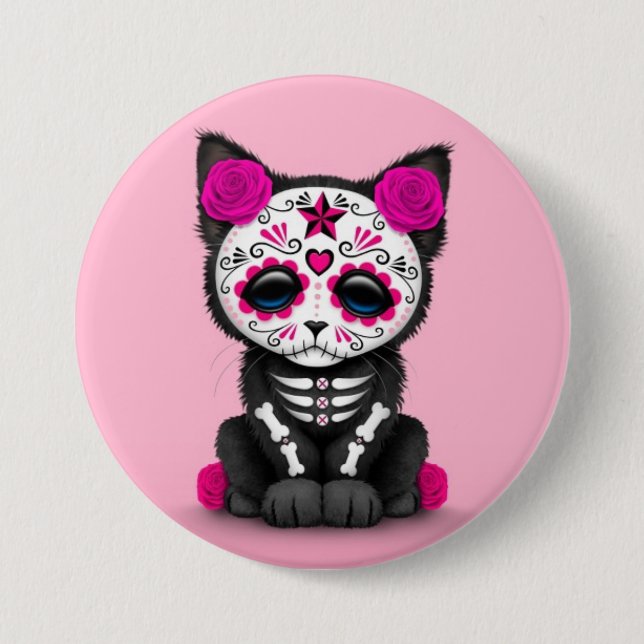 Cute Pink Day of the Dead Kitten Cat 3 Inch Round Button (Front)