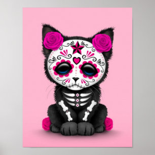 Cute Pink Day of the Dead Kitten Cat Poster