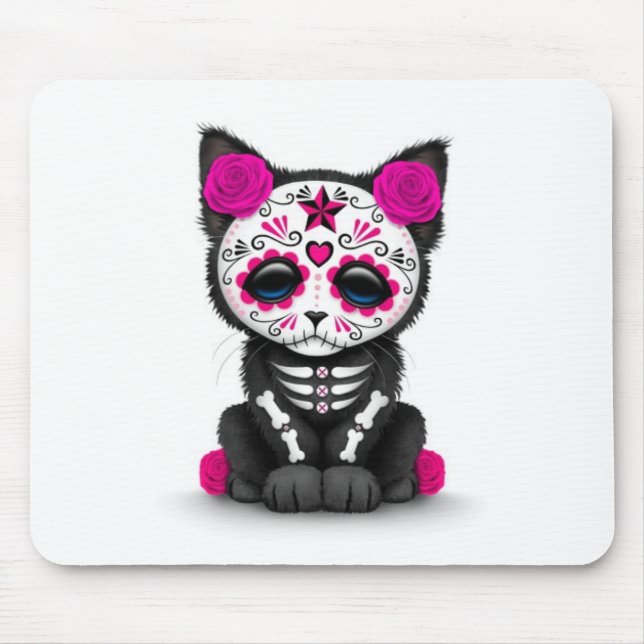 Cute Pink Day of the Dead Kitten Cat, white Mouse Pad (Front)