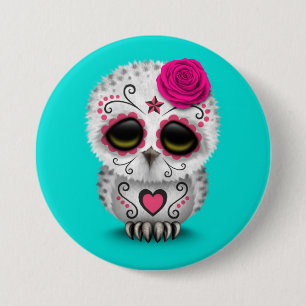Cute Pink Day of the Dead Sugar Skull Owl Blue 3 Inch Round Button