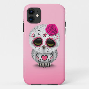 Cute Pink Day of the Dead Sugar Skull Owl iPhone 11 Case
