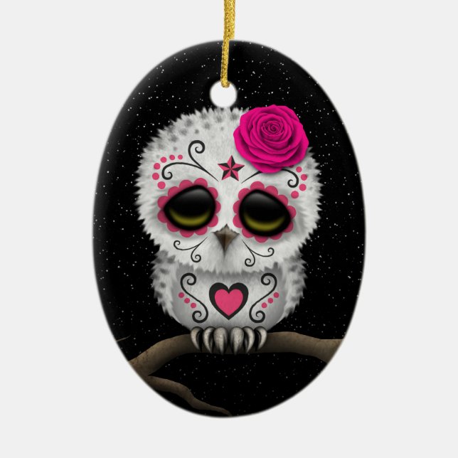 Cute Pink Day of the Dead Sugar Skull Owl Stars Ceramic Ornament (Front)