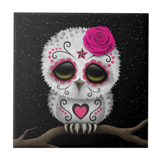Cute Pink Day of the Dead Sugar Skull Owl Stars Tile (Front)