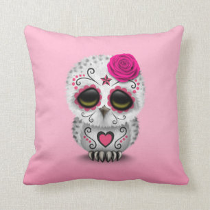 Cute Pink Day of the Dead Sugar Skull Owl Throw Pillow