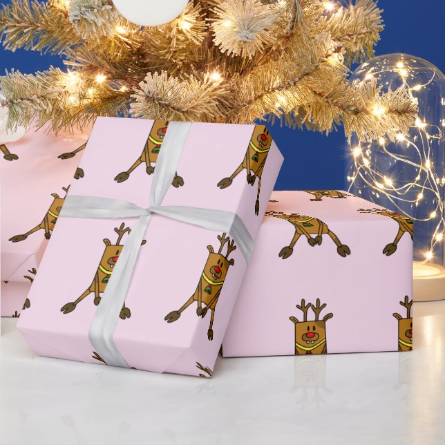 Cute Pink Deer Drawing Kids Christmas  Wrapping Paper (Holidays)