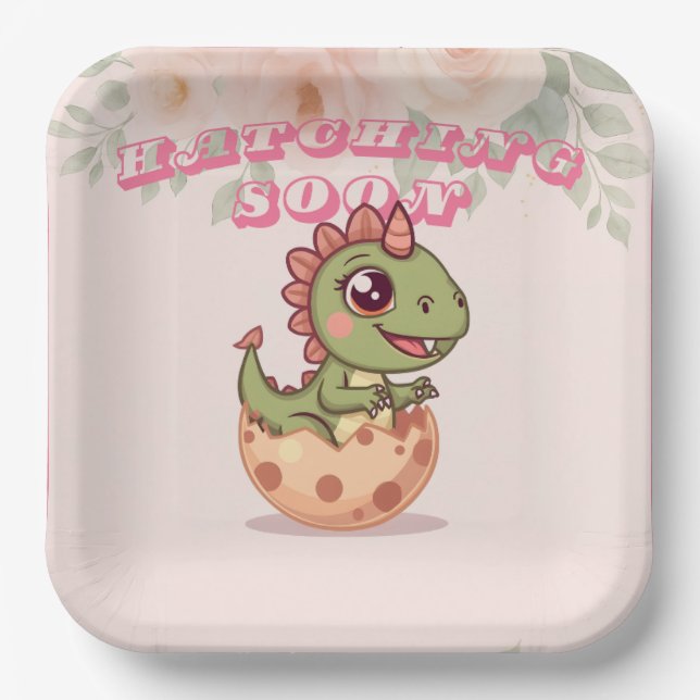 Cute Pink Dino Hatching Soon Paper Plate (Front)