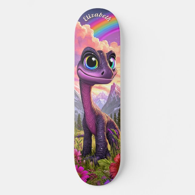 Cute Pink Dinosaur Children Fantasy Art Skateboard (Front)