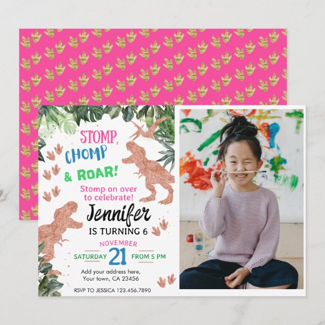 Cute Pink Dinosaur Custom Photo Birthday Invitation (Front/Back)