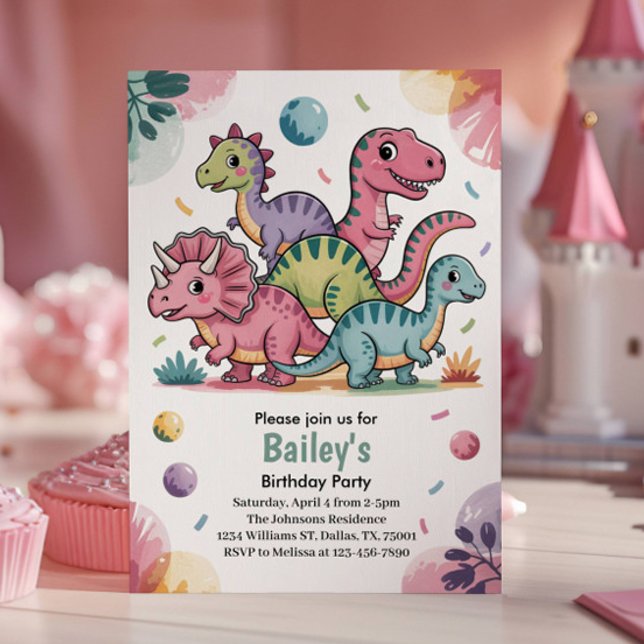 Cute Pink Dinosaur Kids Birthday Party Invitation (Creator Uploaded)