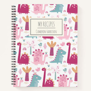 Cute Pink Dinosaurs Personalized Kids Recipe Notebook