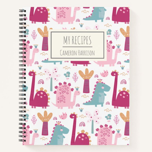 Cute Pink Dinosaurs Personalized Kids Recipe Notebook (Front)