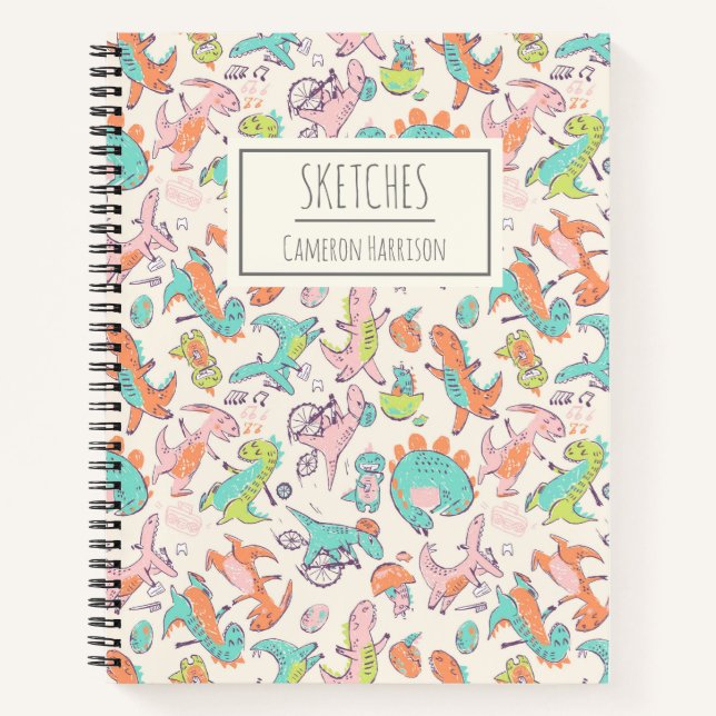 Cute Pink Dinosaurs Personalized Sketchbook Notebook (Front)