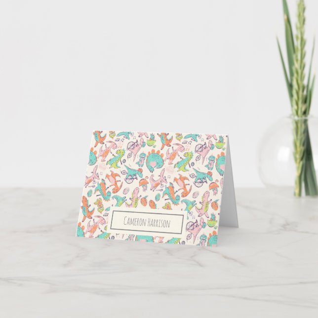 Cute Pink Dinosaurs Personalized Stationery Note Card (Front)