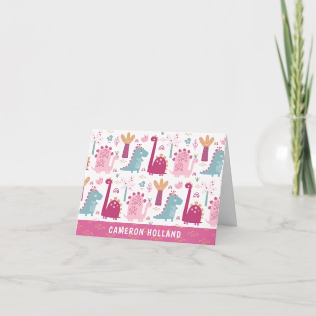 Cute Pink Dinosaurs Personalized Stationery Note Card (Front)