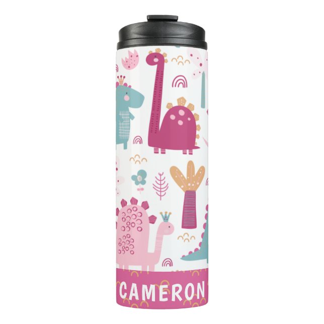 Cute Pink Dinosaurs Personalized Thermal Tumbler (Front)