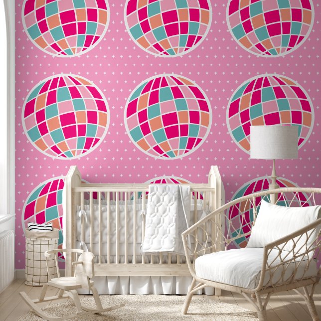 Cute Pink Disco Ball Pattern Wallpaper (Kids)